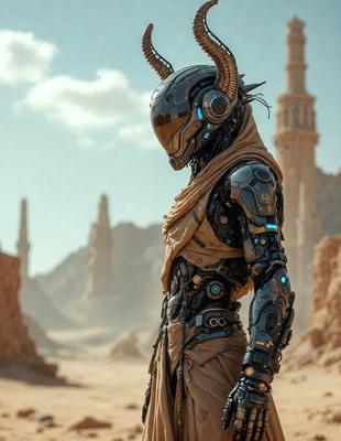 The primary subject of the image is a robot with horns, standing in a desert-like environment. The robot is wearing a brown robe and has a futuristic appearance. The setting is a sandy area with a few rocks scattered around. The visual style of the image is a digital art or illustration, giving it a unique and intriguing look. The colors in the image are predominantly brown and beige, creating a sense of warmth and dryness in the desert environment.